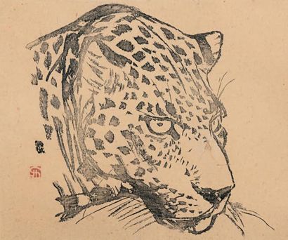 Jules CHADEL (1870-1942) Tête de léopard Gravure sur bois, signé du cachet à l'encre...