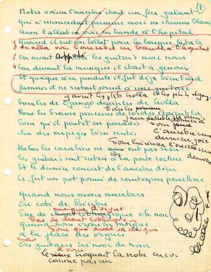 BRASSENS Georges 
Manuscrit autographe signé de «l'Ancêtre». Sortie en 1969. 2 pages...