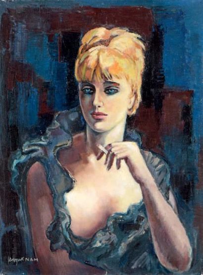 Jacques NAM (1881-1974) 
Femme blond fumant
Huile sur toile, signée en bas à gauche.
Inscription...