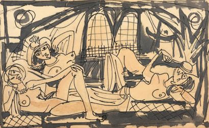 Marcel JANCO (1895-1984) 
Trois nus allongés
Encre de Chine sur papier, déchirures,...