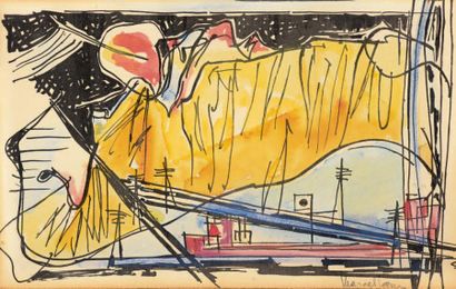 Marcel JANCO (1895-1984) 
Paysage surréaliste
Aquarelle sur fond de bois gravé, signée...