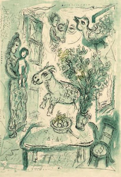 Marc CHAGALL (1887-1985) 
Mère et enfant avec un violonniste et des animaux
Eau-forte...