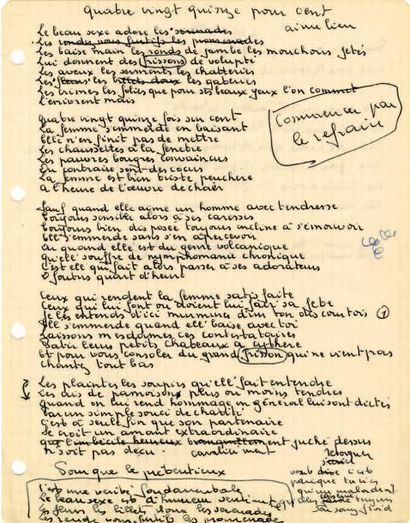 BRASSENS Georges 
Manuscrit autographe avec corrections autographes: «Quatre vingt...