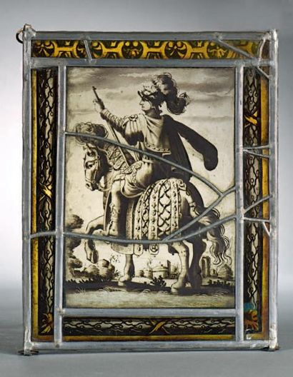 null Plaque en verre peint à décor en grisaille d'un cavalier.
Probablement Europe...