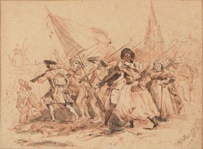 Auguste RAFFET (Paris 1804 - Gênes 1860) La bataille de Valmy
Plume et encre brune,...