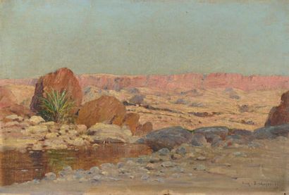 Eugène DESHAYES (Alger 1868 - 1939) Paysage de désert
Sur sa toile d'origine.
Signé...