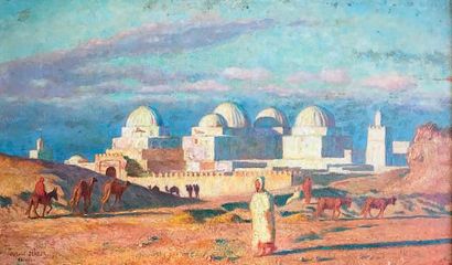 Gabriel Charles DENEUX (Paris 1856-1926) La Mosquée des sables à Kairouan
Panneau.
Signé...