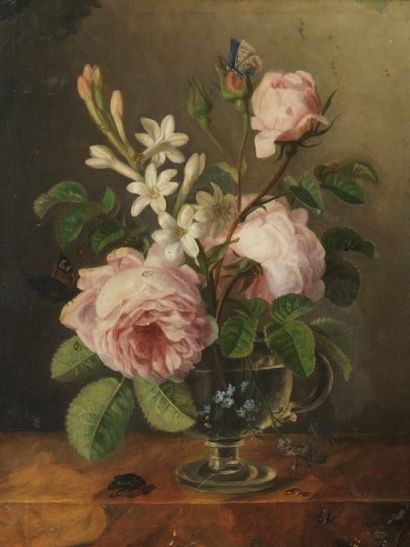 Julie GUYOT (active au début du XIXème siècle) Bouquet de fleurs dans un vase posé...