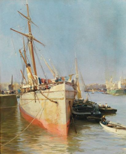 Jacques CAMOREYT (né en 1871) Bateau au port. Huile sur toile signée en bas à droite....