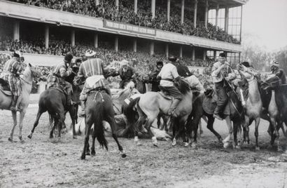 DAVID DOUGLAS DUNCAN (1916) Mêlée d'une dizaine de cavaliers à l'hippodrome de Moscou,...