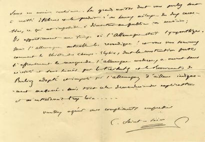 SAINT-SAËNS Camille Lettre autographe signée, adressée à M. Ducoté. 9 octobre [1914];...