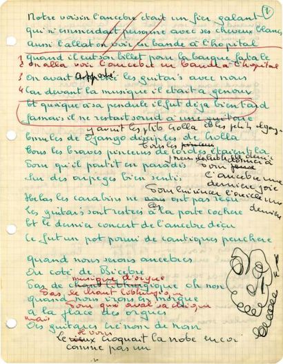 BRASSENS Georges Manuscrit autographe signé de «l'Ancêtre». Sortie en 1969. 2 pages...