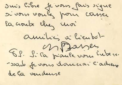 BRASSENS Georges Carte autographe signée. Sans date; 2 pages in-8° oblongues.
«Il...