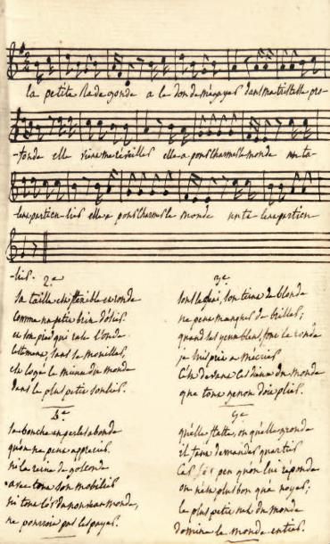 null [MANUSCRIT] - CHANSONS - (Recueil de chansons), v. 1750.
In-12, env. 50 ff.,...