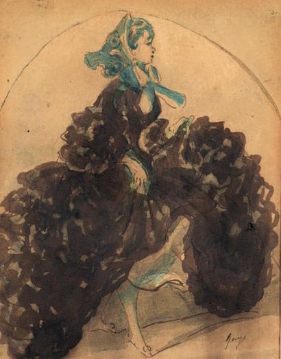 Constantin GUYS (Flessingue 1802 - Paris 1892) Jeune femme à la crinoline Plume et...