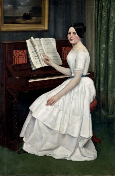 École Française du XIXe siècle Jeune femme assise à son piano Sur sa toile d'origine....