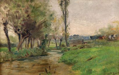Adolphe Charles MARAIS (1856-1940) Paysage et rivière Huile sur panneau signée en...