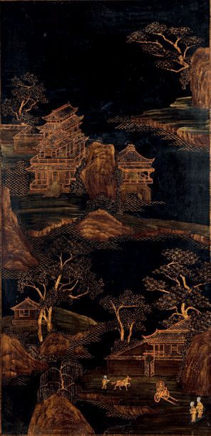 CHINE - XIXe siècle Panneau de forme rectangulaire en laque noire et or d'un paysage...