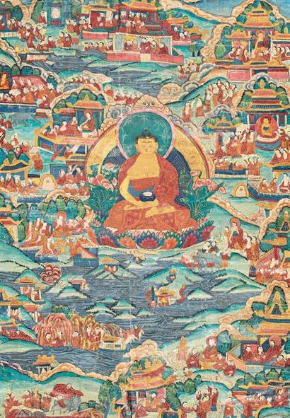 TIBET - XIXE SIÈCLE Tangka, détrempe sur toile, bouddha assis sur un lotus tenant...