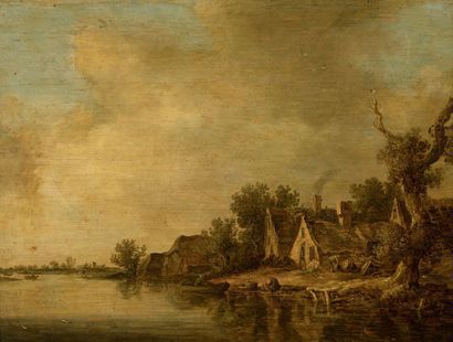Jan Van GOYEN (Leyde 1596 - La Haye 1656) Village en bord de rivière Panneau de chêne...