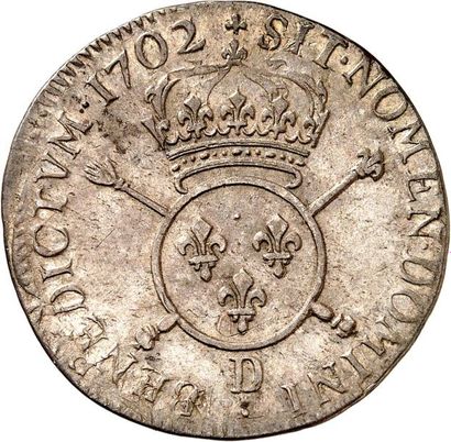 null LOUIS XIV (1643-1715). Quart d'écu aux insignes 1702 LYON (D). 6,66 g.
A/ LVD.XIIII.D.G...