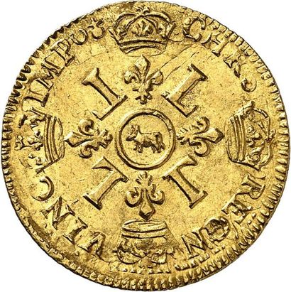 null LOUIS d'or aux 4 L pour le Béarn 1694 PAU (vaquette). 6,72 g.
A/ LVD.XIIII.D.G.FR.ET.NA.RE.BD...