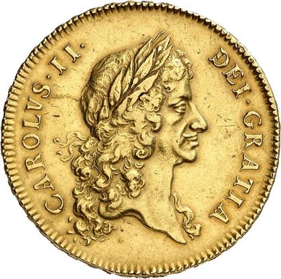 null CHARLES II (1660-1685). Cinq Guinées en or 1673. 41,60 g. Sa tête laurée à droite.
R/...