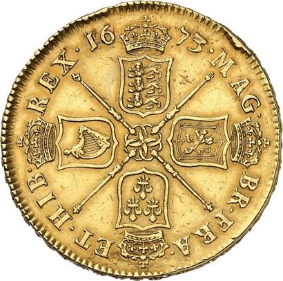 null CHARLES II (1660-1685). Cinq Guinées en or 1673. 41,60 g. Sa tête laurée à droite.
R/...