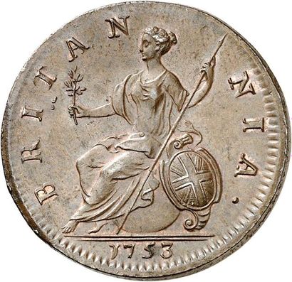 null GEORGE II (1727-1760). Demi penny en bronze 1753. 10,17 g. Son buste âgé lauré...