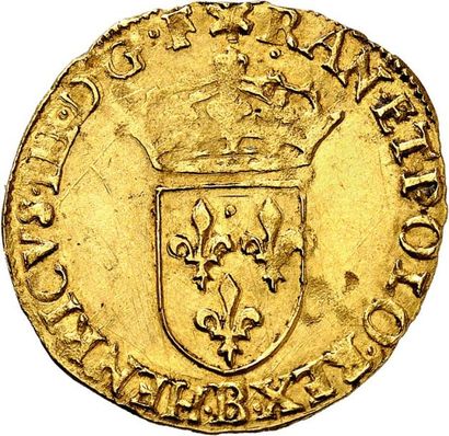 null HENRI III (1574-1589). Écu d'or au soleil 1580 ROUEN (B). 3,39 g. Légende d'avers...