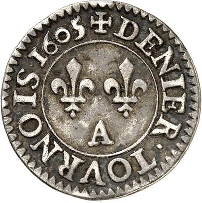 null HENRI IV (1589-1610). Essai en argent du denier tournois 1605 PARIS. 1,39 g.
A/HENRI...