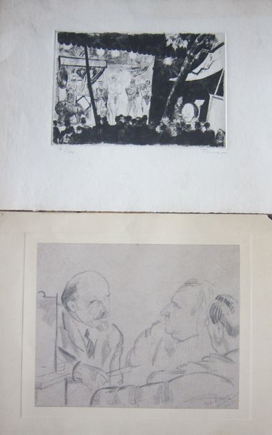 null Ensemble de 4 dessins et estampes :
-"Lénine discutant", crayon, porte une signature...