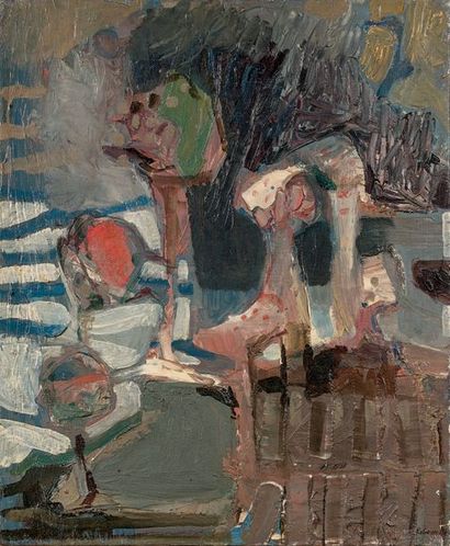 Paul REBEYROLLE (1926-2005) 
Composition, circa 1956
Huile sur toile, signée en bas...