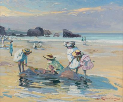 Martin LINDENAU (né en 1948) 
Jeux de plage à Biarritz
Huile sur toile signée en...
