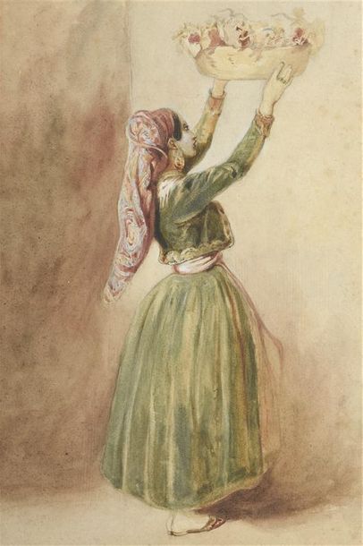 École ORIENTALISTE de la fin du XIXe siècle 
Jeune femme à la corbeille
Aquarelle...