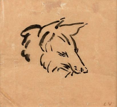 Louis VALTAT (1869-1952) 
Tête de renard
Encre sur papier calque.
Porte le cachet...