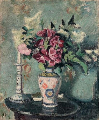 Jean PUY (1876-1960) 
Fleurs au vase rose et bougeoir, 1913
Huile sur toile, signée...