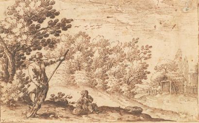 Attribué à Valerio SPADA (1613-1688) 
Un paysan travaillant aux champs
Plume et encre...