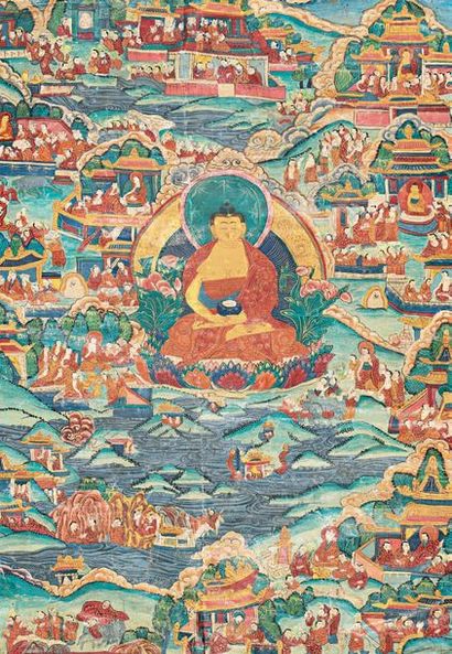 TIBET - XIXE SIÈCLE 
Tangka, détrempe sur toile, bouddha assis sur un lotus tenant...