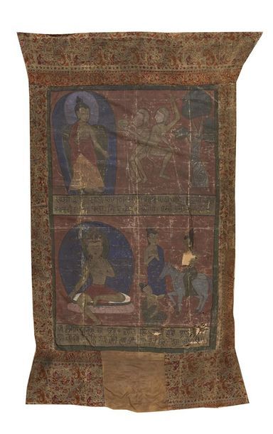 NEPAL - Vers 1900 
Tangka, détrempe sur toile, divinité assis près de trois personnages...