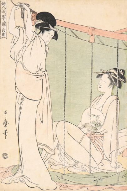 Kitagawa Utamaro (1753?-1806) 
Oban tate-e, partie gauche du tritptyque Fujin tomari-kyaku...