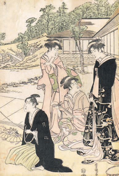 Utagawa Toyokuni I (1769-1825) 
Oban tate-e, partie de triptyque, trois jeunes femmes,...
