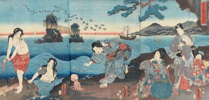 UTAGAWA TOYOKUNI III (1786-1865) 
Triptyque oban tate-e, le prince Genji à Ise observant...