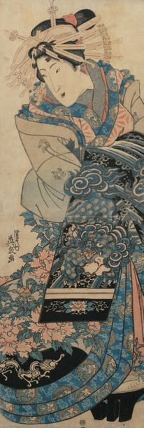 Keisai Eisen (1790-1848) 
Double oban tate-e, oiran, son kimono richement orné de...