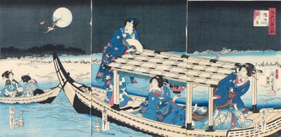 Utagawa Kunichika (1835-1900) et Toyohara Chikanobu (1838-1912) 
Triptyque oban tate-e,...