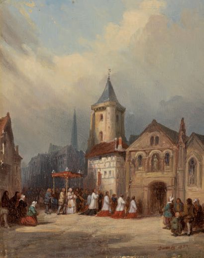 Henri Joseph DUWÉE (1810-1884) 
Procession religieuse
Intérieur d'église
Paire de...