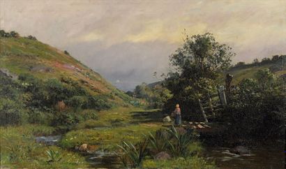 Johannes Martin GRIMELUND (Oslo 1842 - Garches 1917) 
Paysanne dans un paysage
Sur...