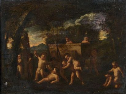 Ecole italienne du XVIIe siècle 
Jeux de putti
Toile.
Restaurations et usures.
50...