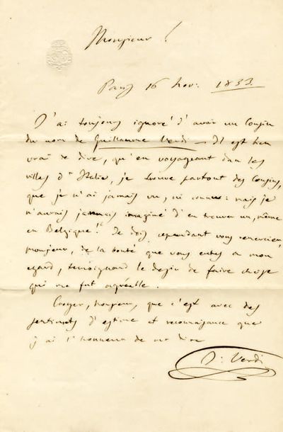 VERDI Giuseppe [Roncole, 1813 - Milan, 1901], compositeur italien 
Lettre autographe...