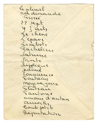 BRASSENS Georges 
Manuscrit autographe. 14,5 x 11 cm. Au dos d'une enveloppe.
Liste...